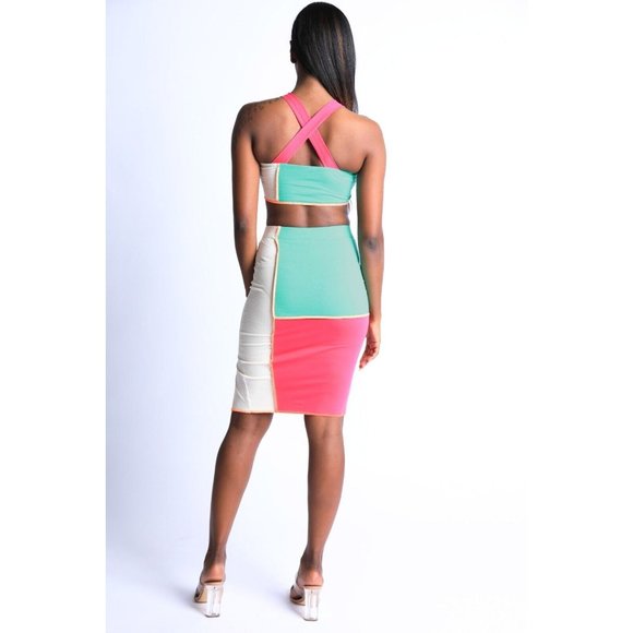 Women's Binding Detailed Color Block Wide Strap Crop Top And Matching Skirt Set - Picture 9 of 15